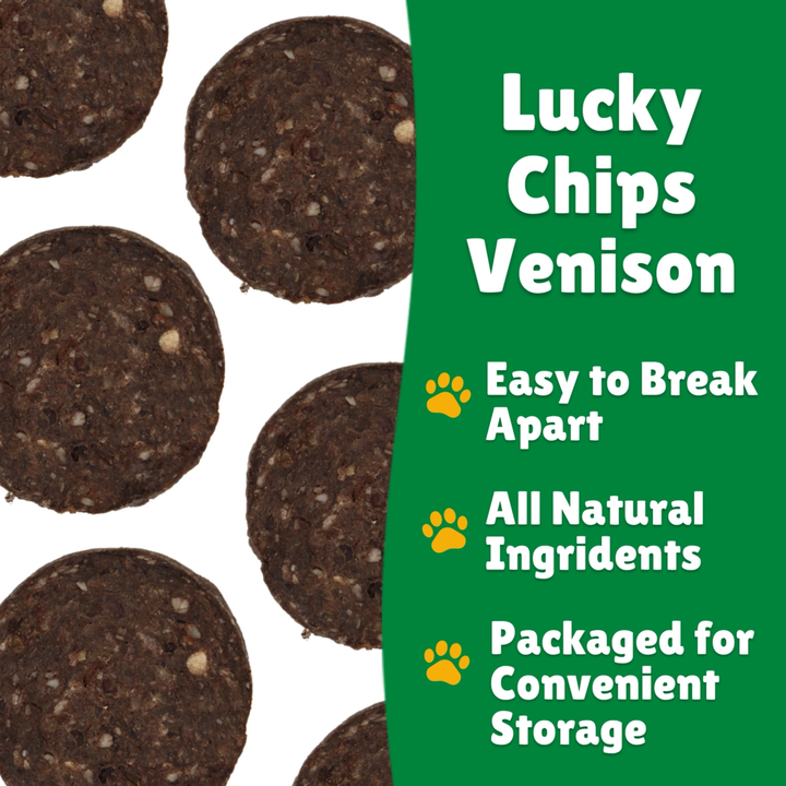 Lucky Chips Venison treats with green label detailing features on a white background