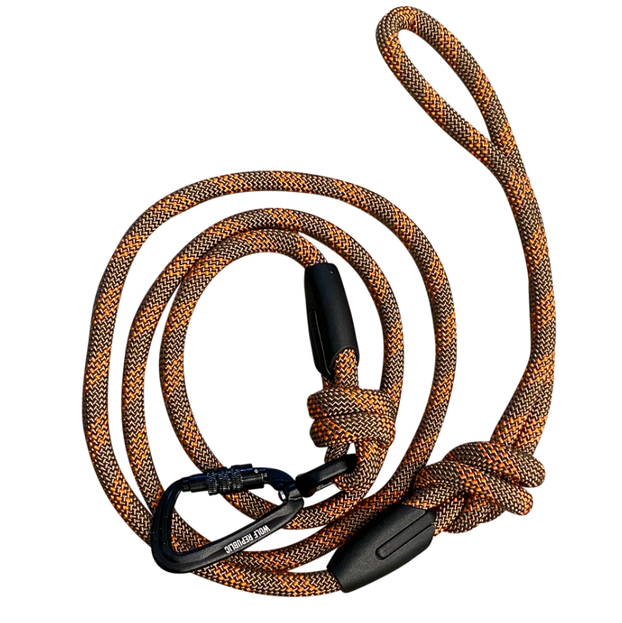 Whiskey rope dog leash with black plastic clips on a white background