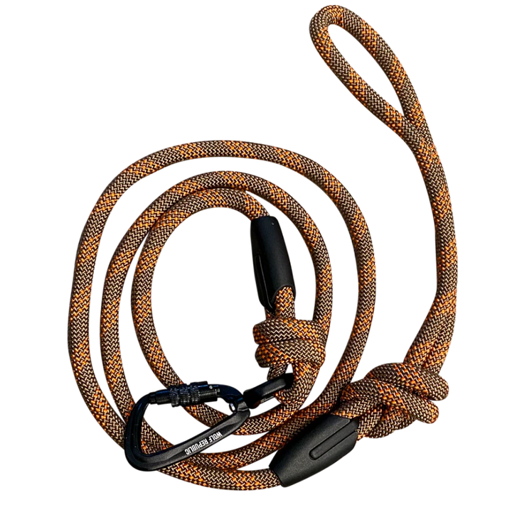 Whiskey rope dog leash with black plastic clips on a white background
