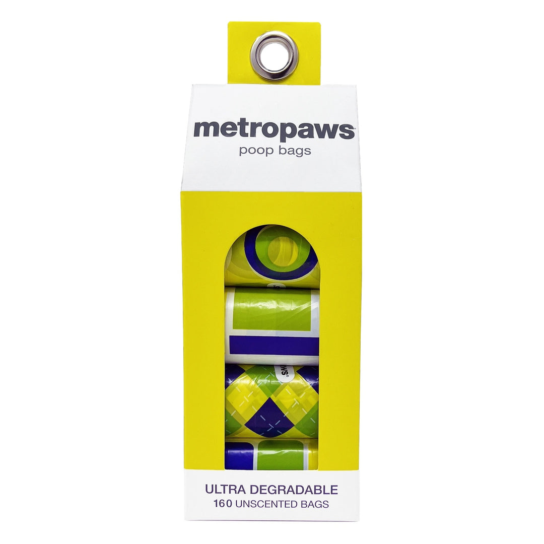 Metro Paws Ultra Degradable dog poop bags in colorful patterned rolls, 160 unscented bags per package for walks and everyday cleanup.