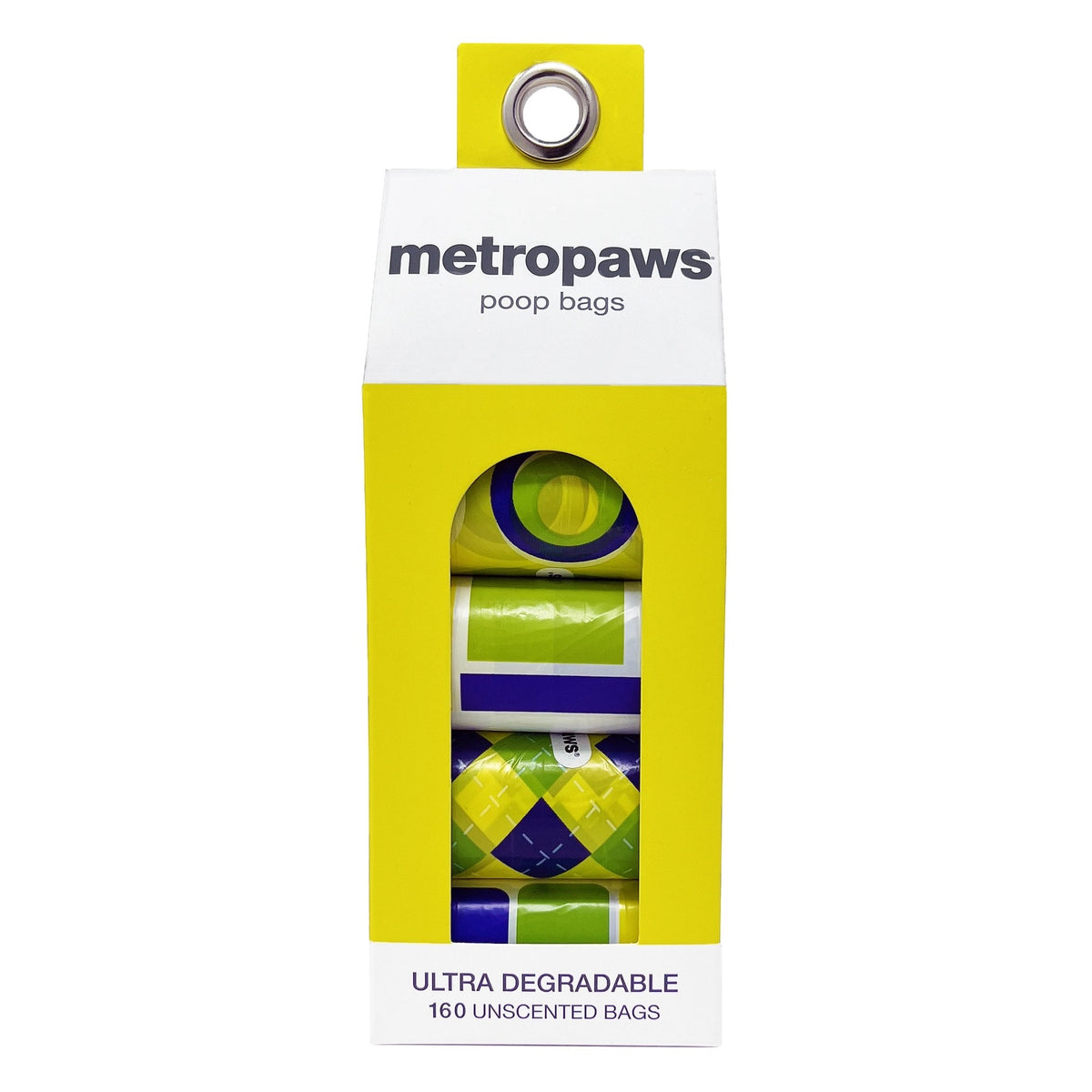 Metro Paws Ultra Degradable dog poop bags in colorful patterned rolls, 160 unscented bags per package for walks and everyday cleanup.