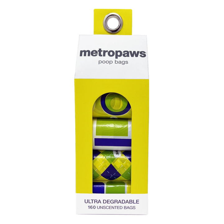 Metro Paws Ultra Degradable dog poop bags in colorful patterned rolls, 160 unscented bags per package for walks and everyday cleanup.