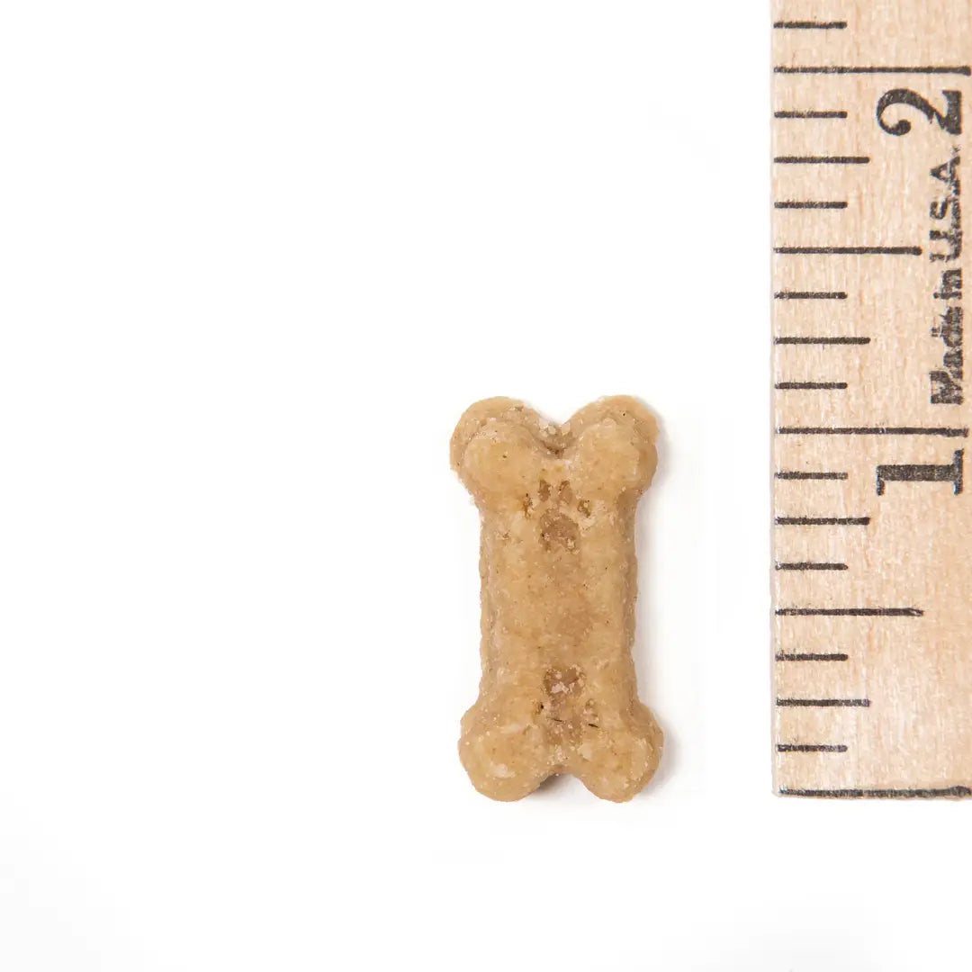 one inch dog bone bacon flavored treat next to a wooden ruler 