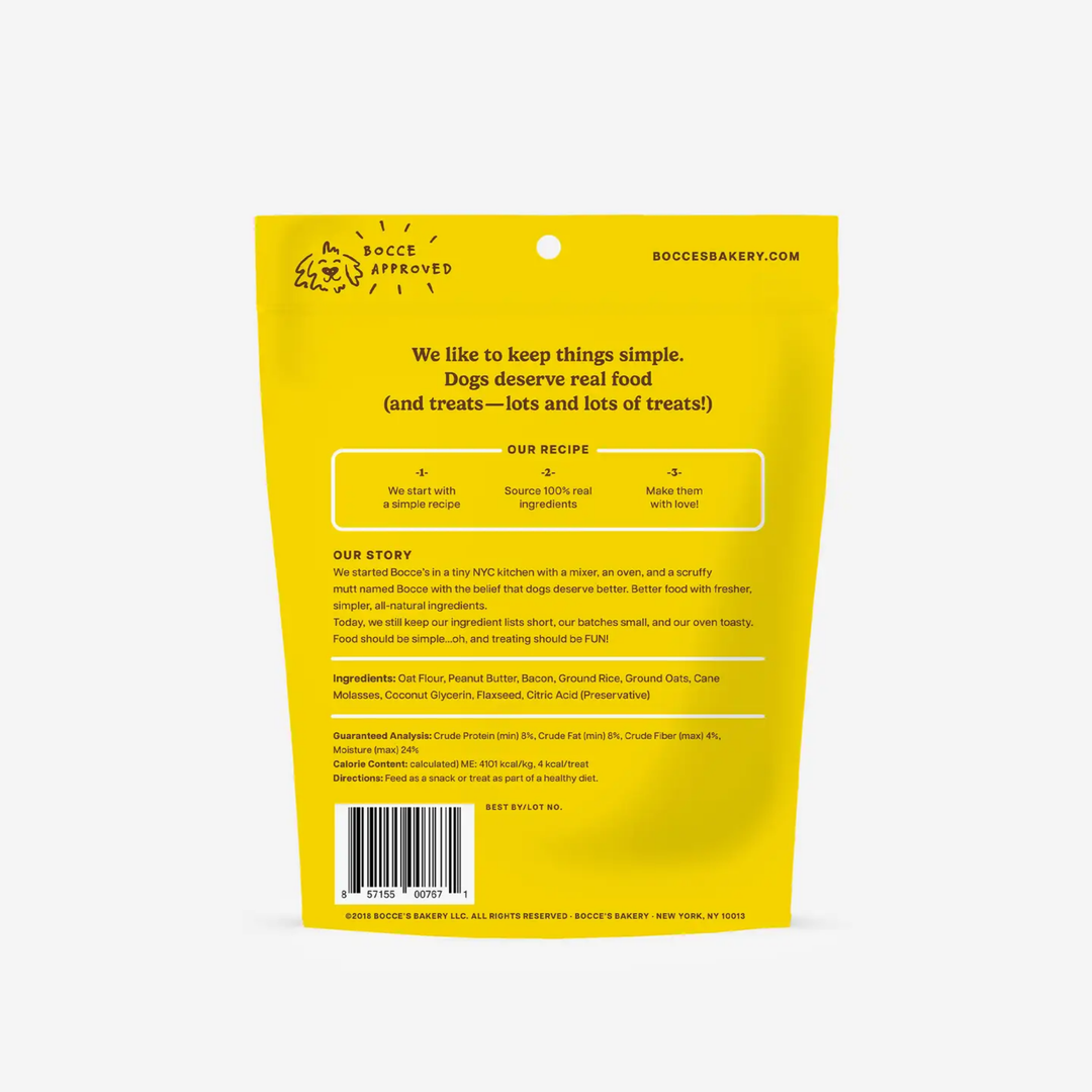 Yellow dog treat package with text and branding on a white background