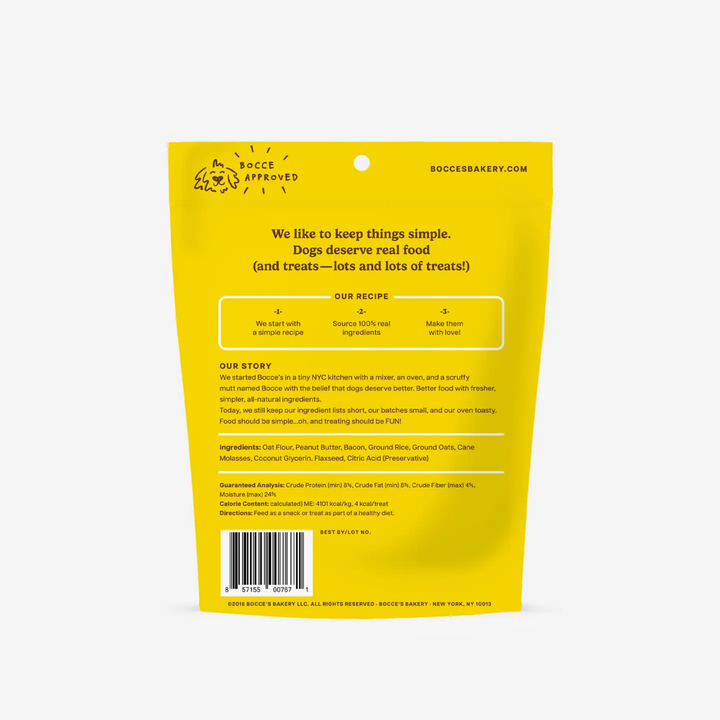 Yellow dog treat package with text and branding on a white background