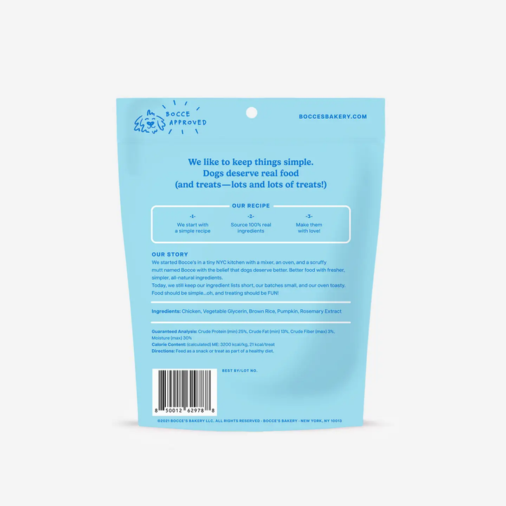 Blue dog food package with text on a white background
