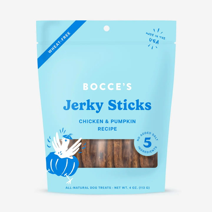 Package of Bocce's Jerky Sticks for dogs on a light blue background