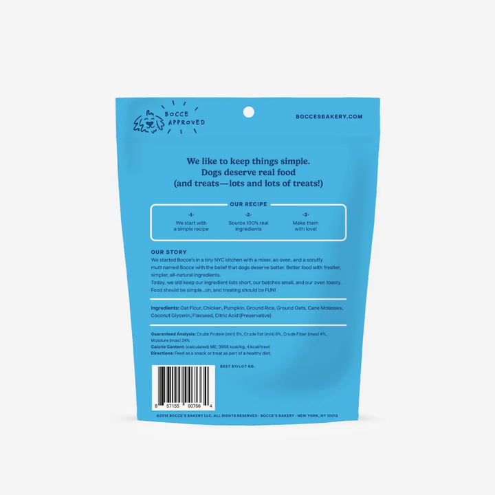 Blue bocce sunday roast training bites package with text and branding on a white background