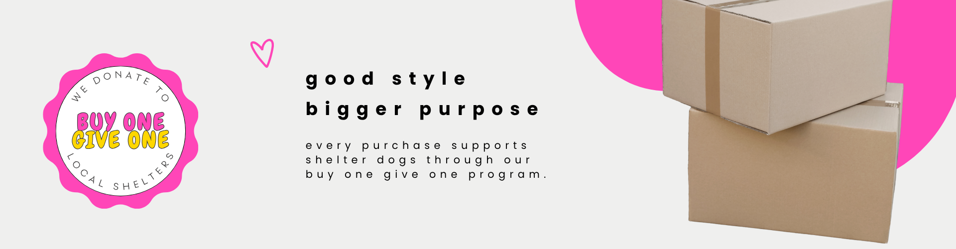Promotional banner for a charity program with cardboard boxes and a pink heart symbol.