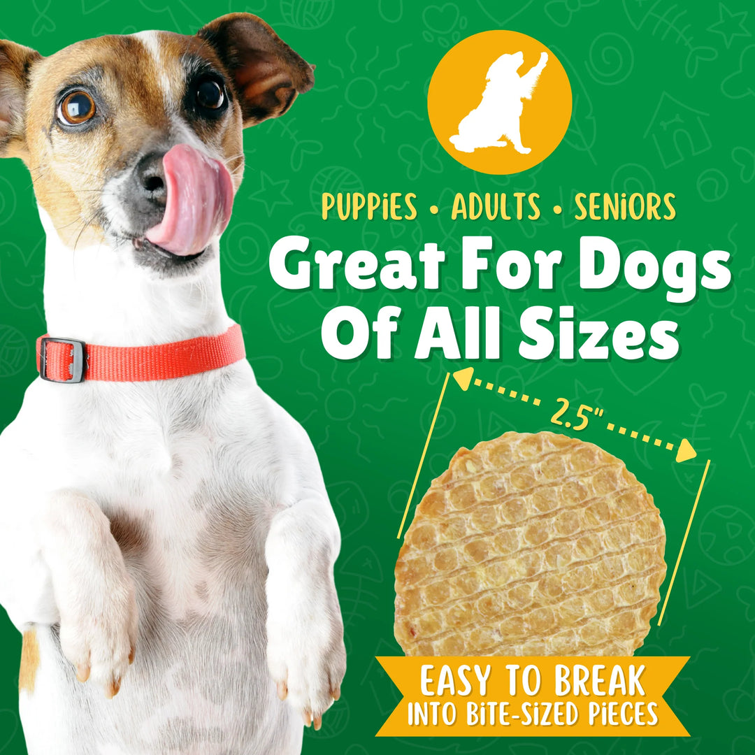 Dog with a red collar standing next to a dog treat on a green background with text about the product.