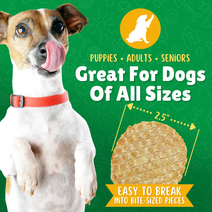 Dog with a red collar standing next to a dog treat on a green background with text about the product.
