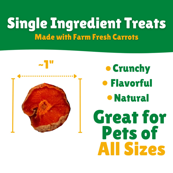 Carrot treat with text about single ingredient treats made with farm fresh carrots.