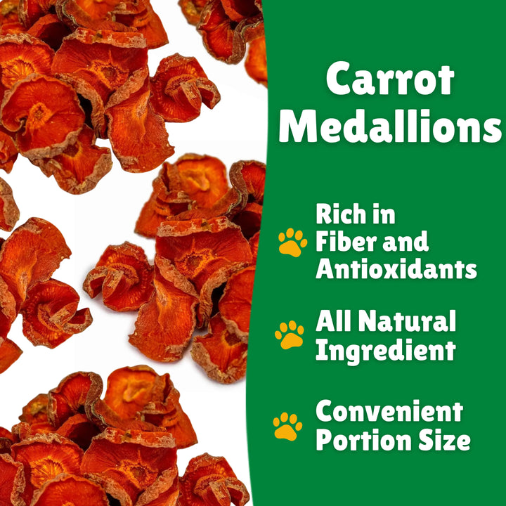 Carrot medallions with text highlighting benefits on a white background