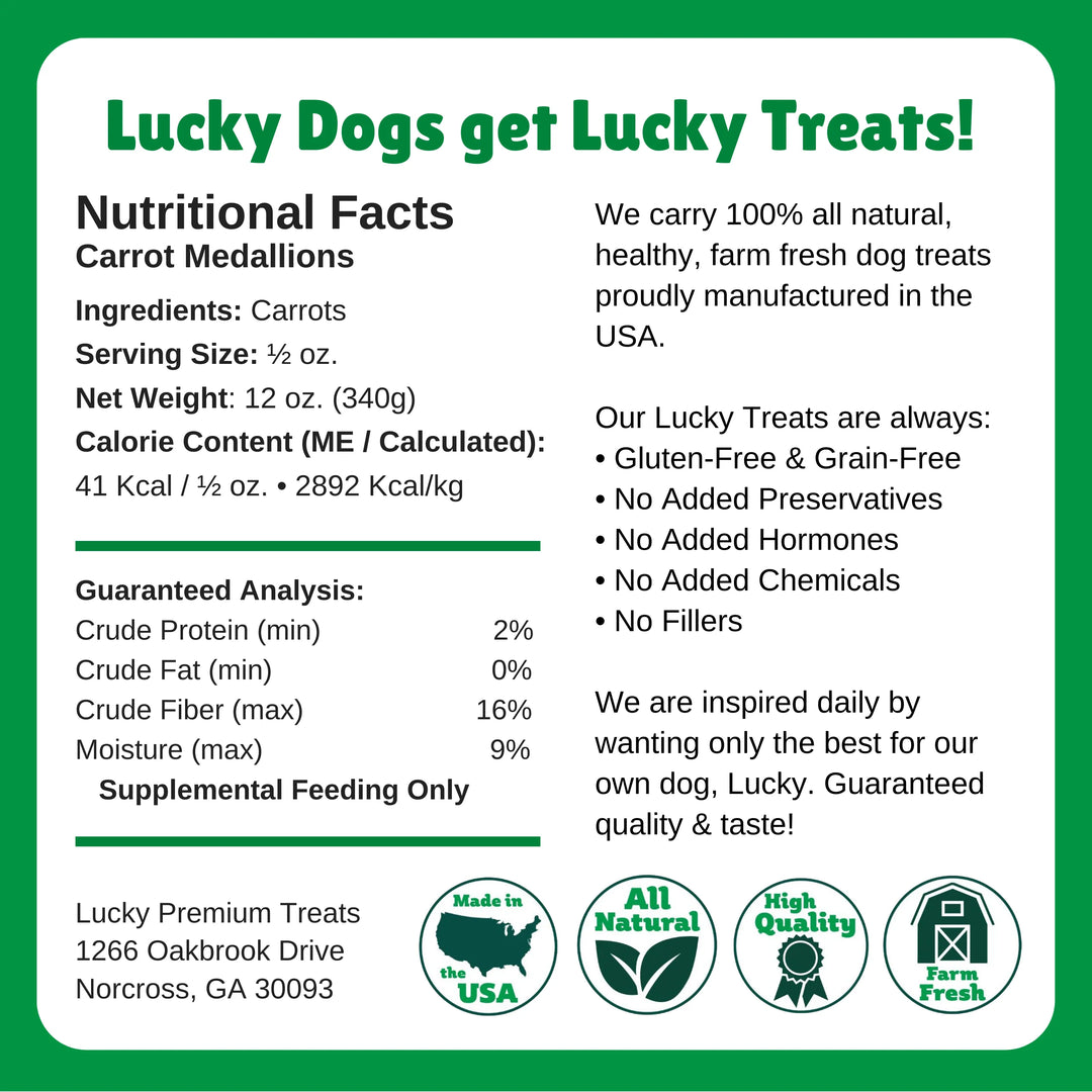 Nutritional facts label for Lucky Dogs carrot medallions treats on a green background