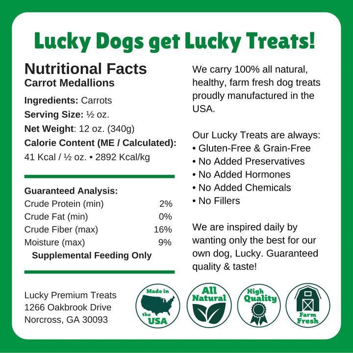 Nutritional facts label for Lucky Dogs carrot medallions treats on a green background