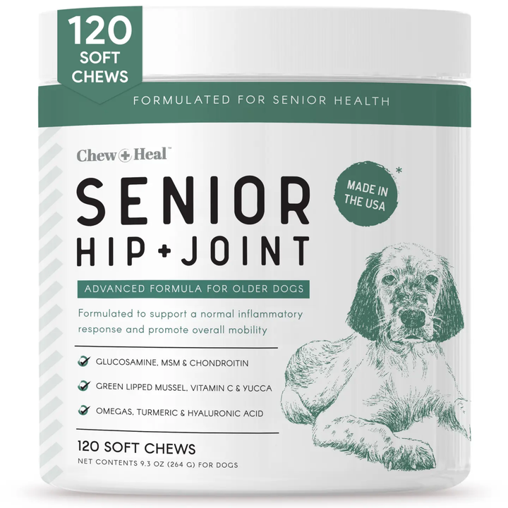 Package of Chew + Heal Senior Hip + Joint soft chews for dogs on a white background