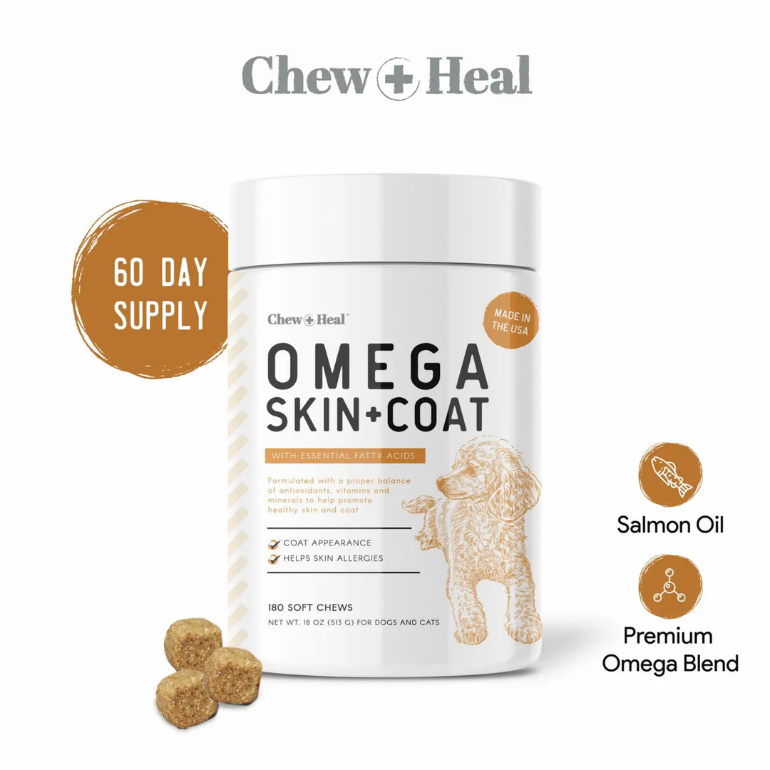 Omega Skin & Coat supplement container with 'Chew + Heal' branding on a white background