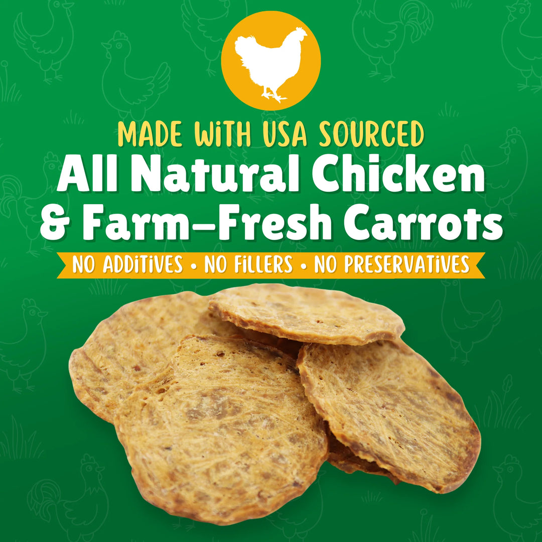 Dog treats with text about USA sourced all natural chicken and farm-fresh carrots on a green background.