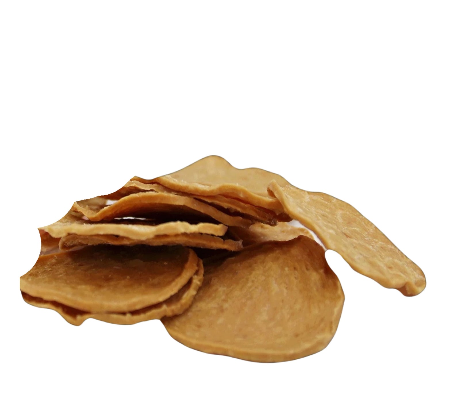Stack of thin, crispy brown tortilla chips on a white background