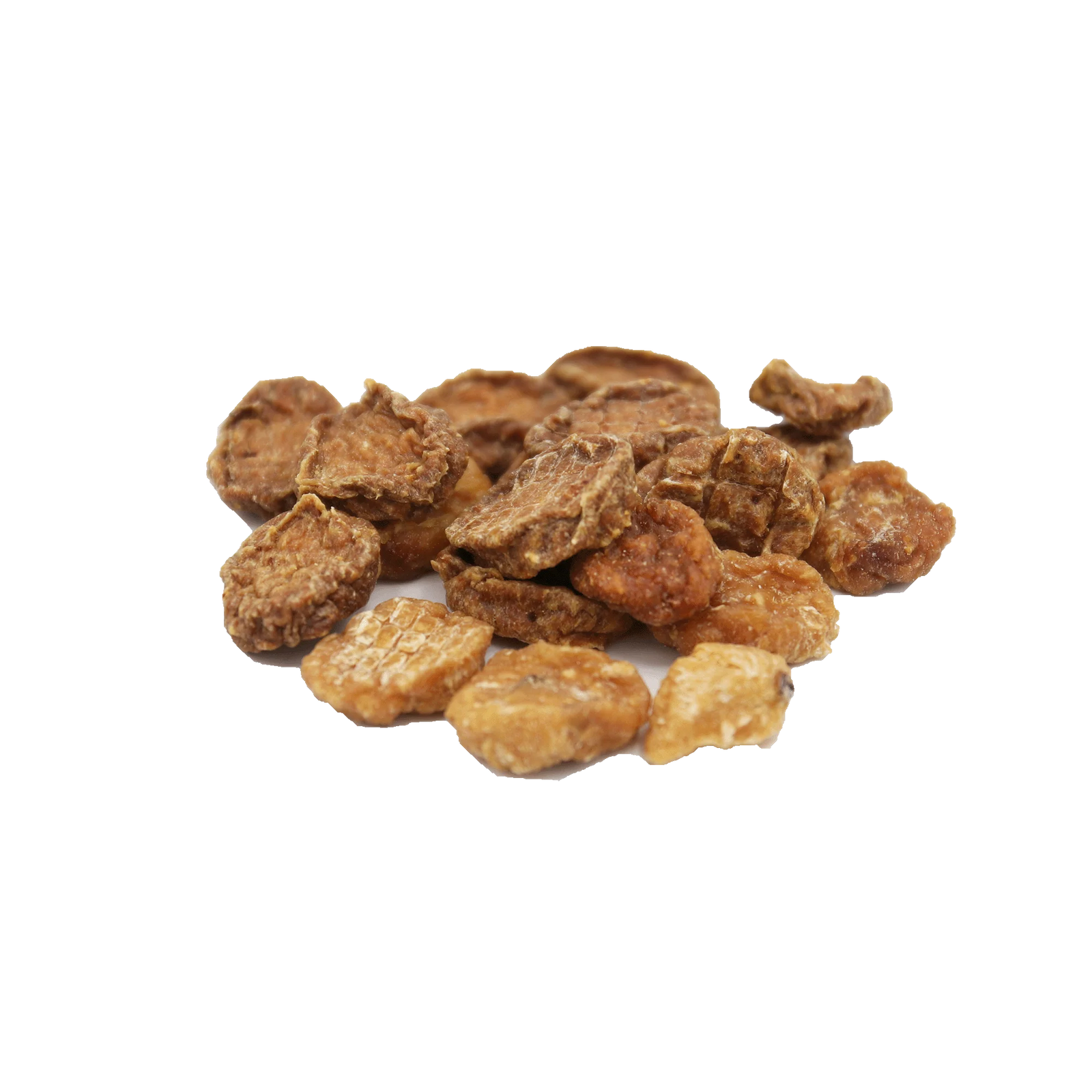 Dried brown dog chicken chews on a white background