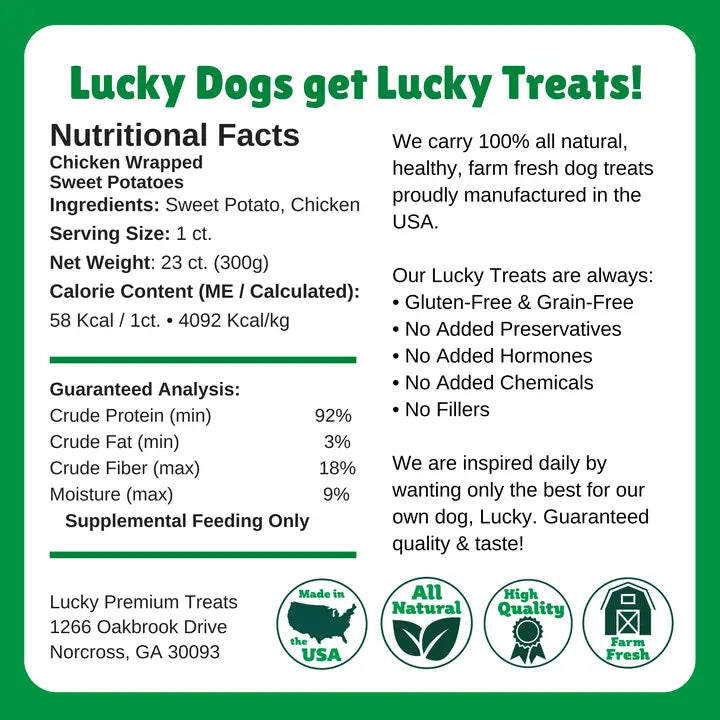 Nutritional facts label for Lucky Dogs treats on a green background