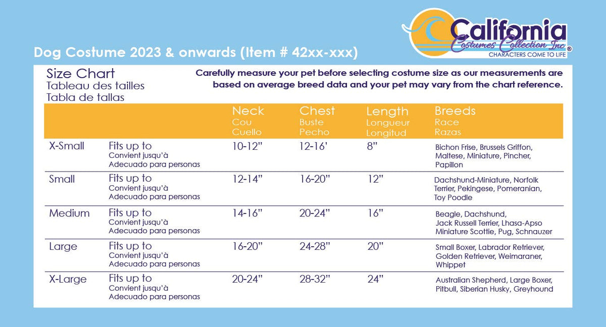 dog costume size chart