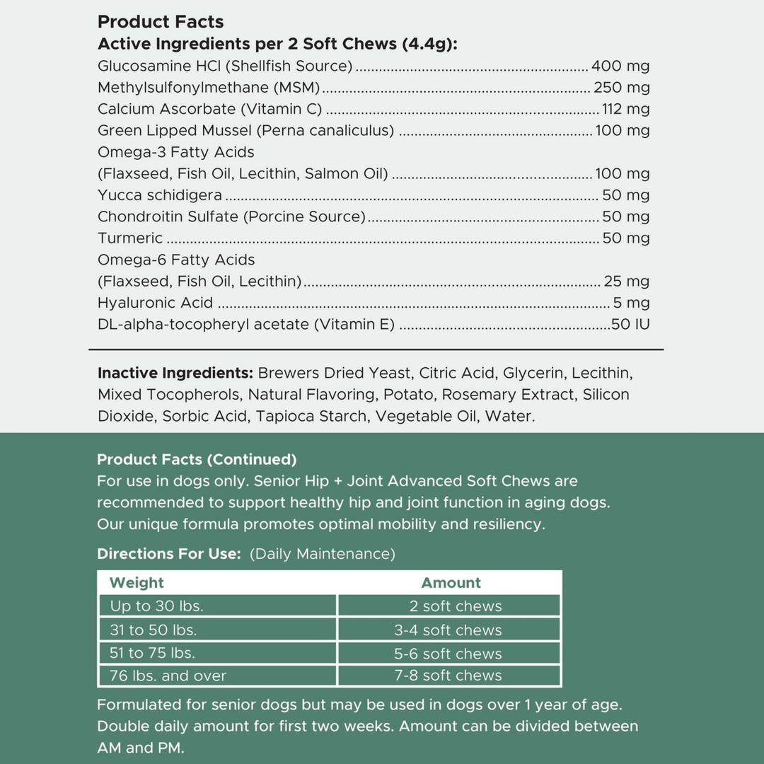 Product label for senior hip & joint supplement soft chews with active and inactive ingredients listed.
