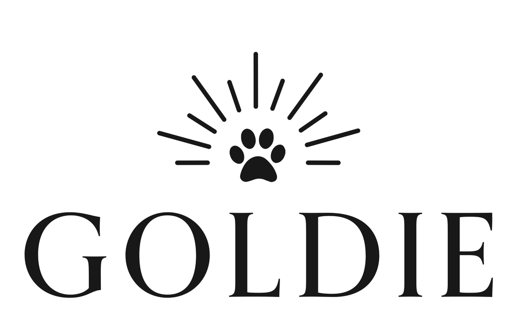 Logo with paw print and 'GOLDIE' text on a white background Califoria based company 