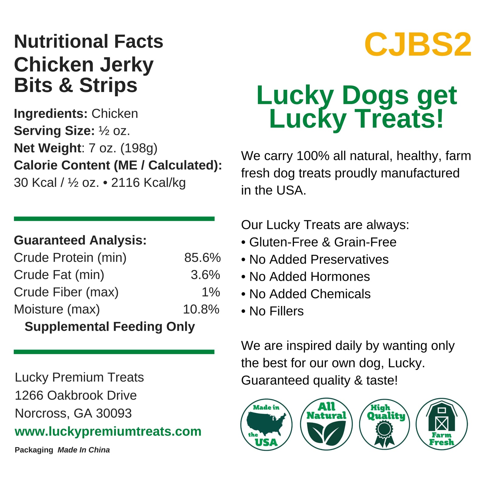Nutritional facts and product information for Lucky Dogs Chicken Jerky Bits & Strips on a white background.