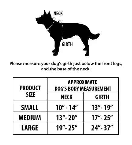 Dog measurement chart for neck and girth with a black silhouette of a dog.