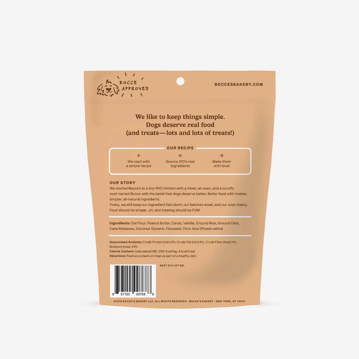 Back of a brown paper bag with text and branding from Bocce Bakery on a white background