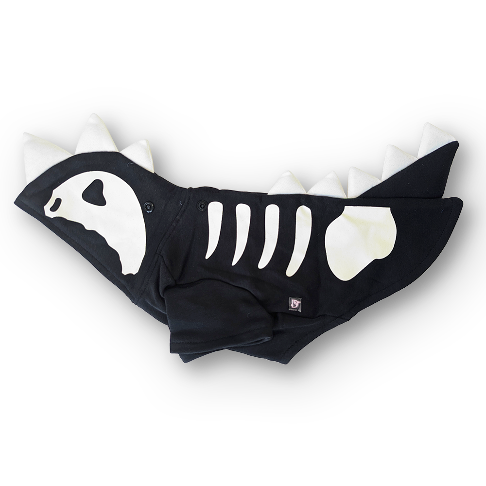 Black baby onesie with shark design on a white background