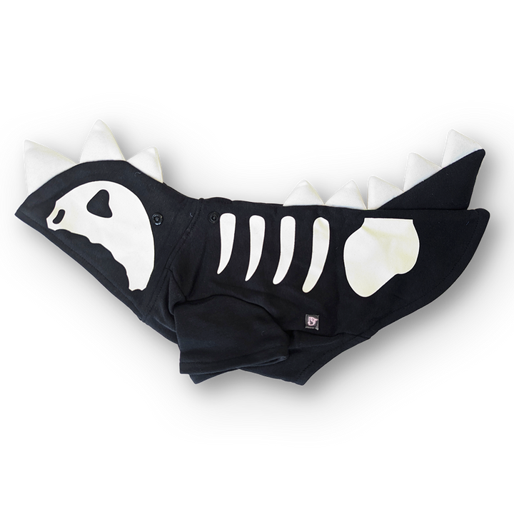 Black baby onesie with shark design on a white background
