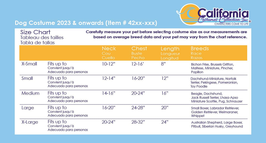 A size chart graphic for California Dog Costume Collection's 2023 Dog Costume, showing measurements for X-Small, Small, Medium, and X-Large sizes in a table format with color-coded headers.