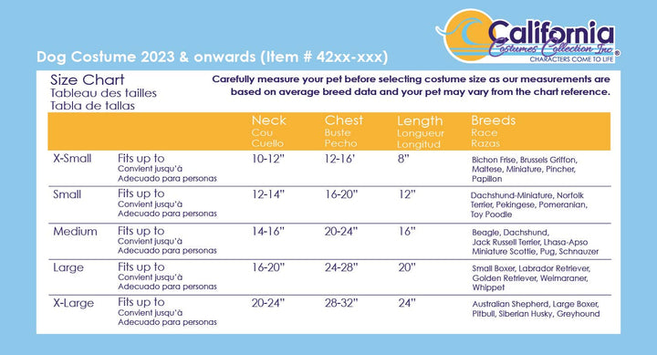 A size chart graphic for California Dog Costume Collection's 2023 Dog Costume, showing measurements for X-Small, Small, Medium, and X-Large sizes in a table format with color-coded headers.