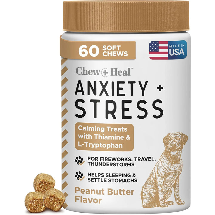 Bottle of Chew Heal Anxiety + Stress calming treats for dogs on a white background