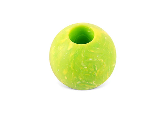 Yellow textured ball with a central hole on a white background