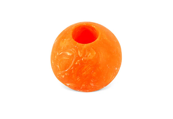 Orange plastic bead with a central hole on a white background