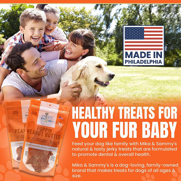 Family with a dog outdoors, promoting Mika & Sammy's dog treats with 'Made in Philadelphia' label.