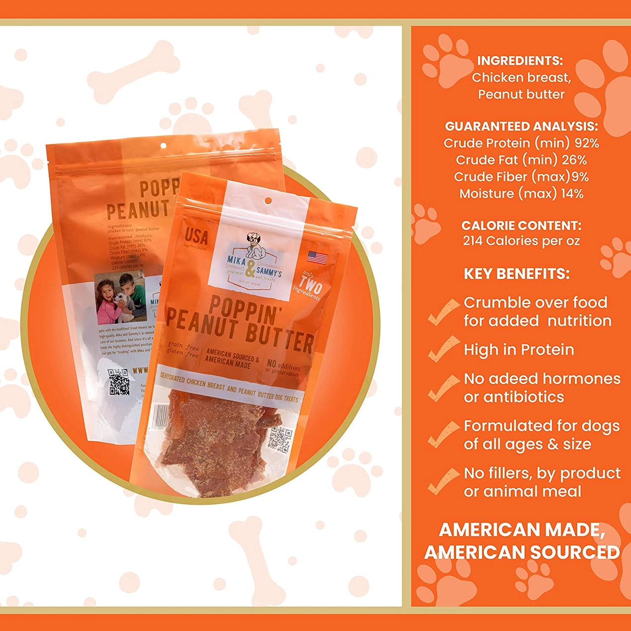 Poppin' Peanut Butter dog treat packages on a plate with product details on an orange background