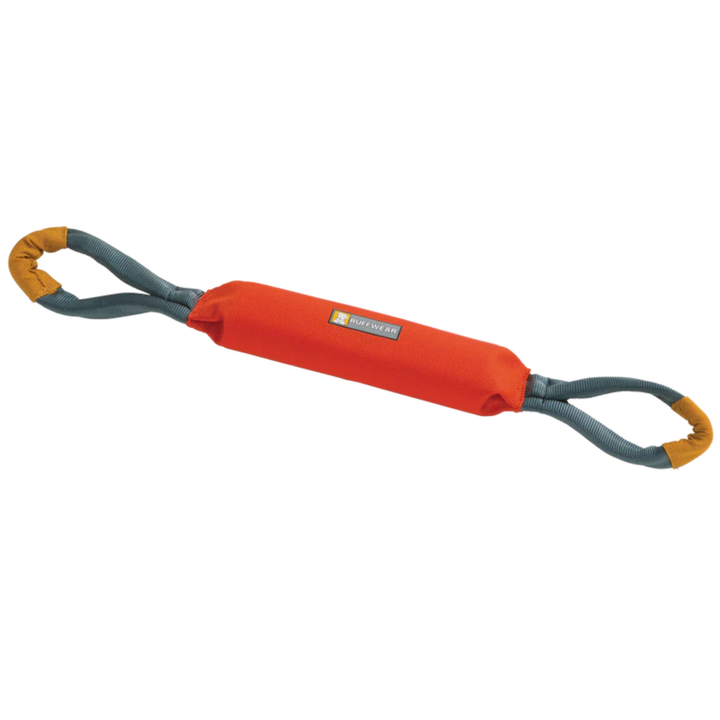 Orange dog toy with gray handles on a white background