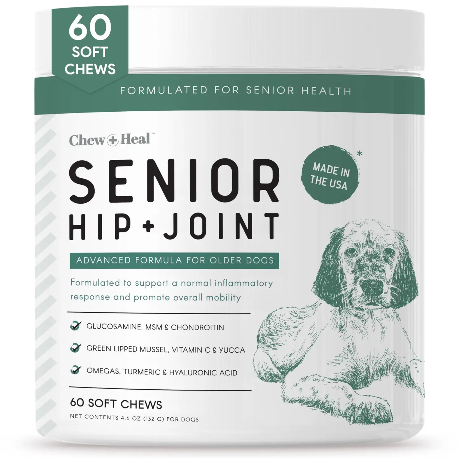 Package of Chew + Heal Senior Hip + Joint soft chews for dogs on a white background