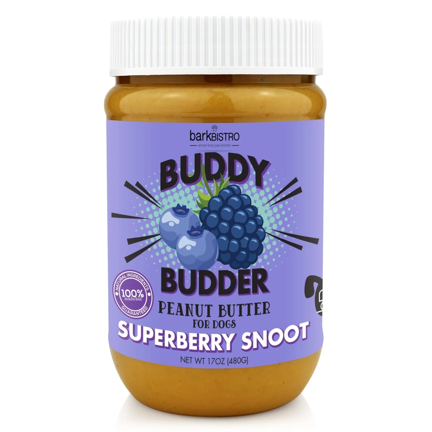 Jar of Buddy Budder Superberry Snoot peanut butter for dogs on a white background