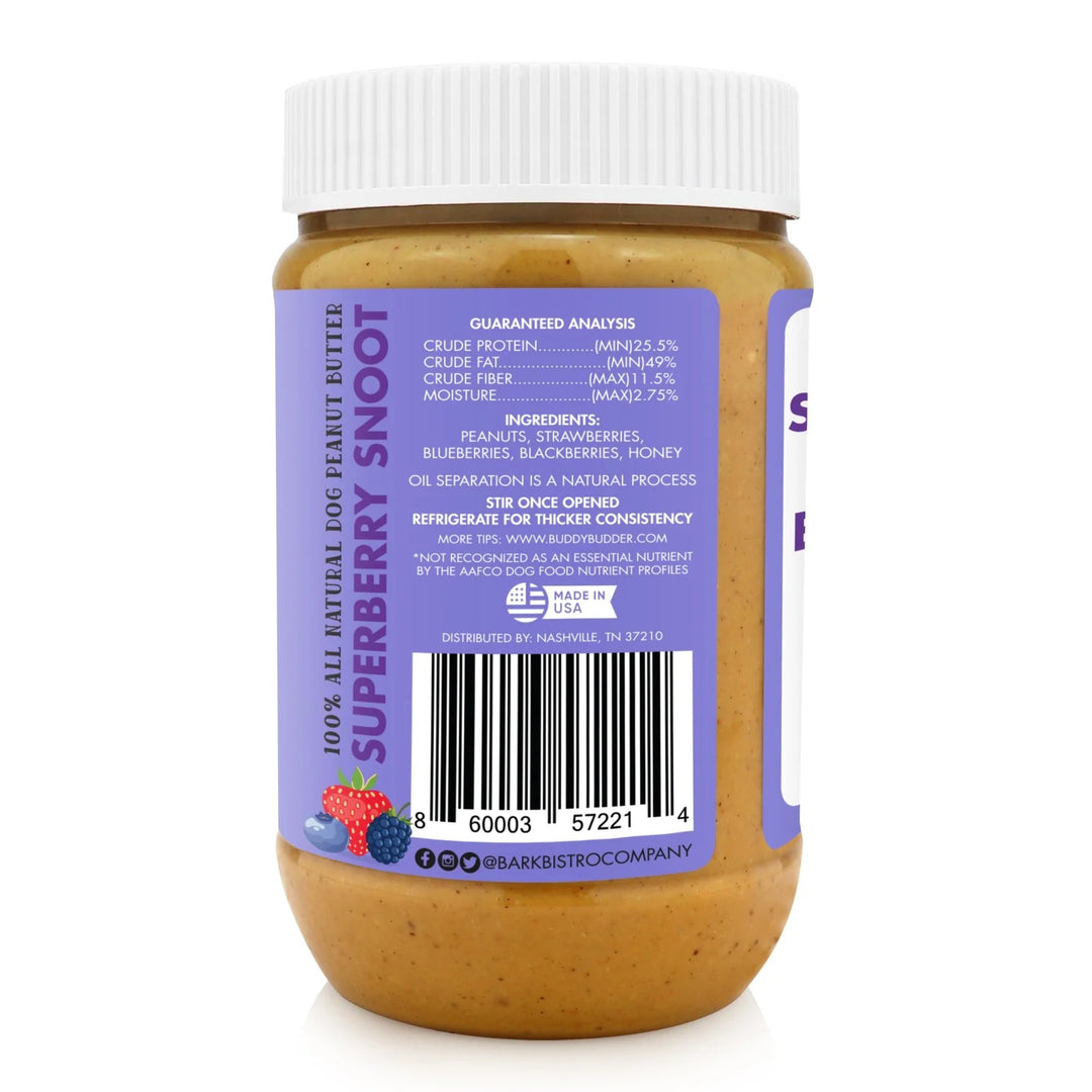 Jar of Superberry Snoot peanut butter with a purple label on a white background