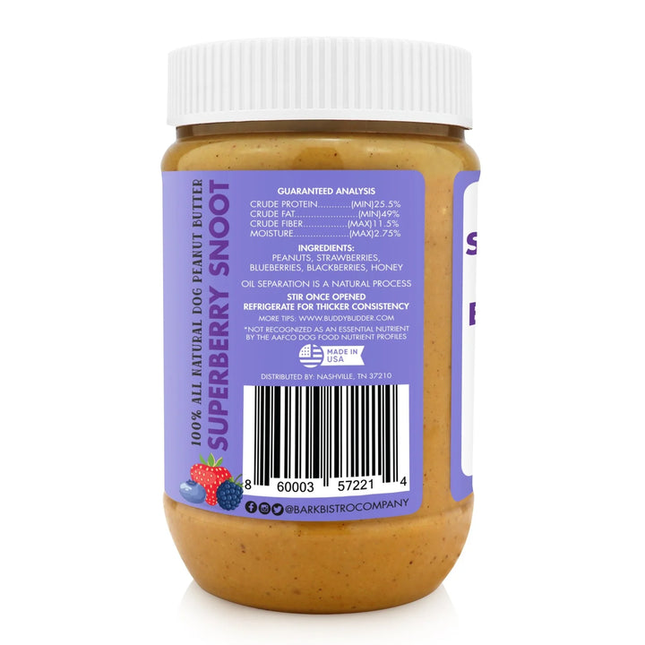 Jar of Superberry Snoot peanut butter with a purple label on a white background