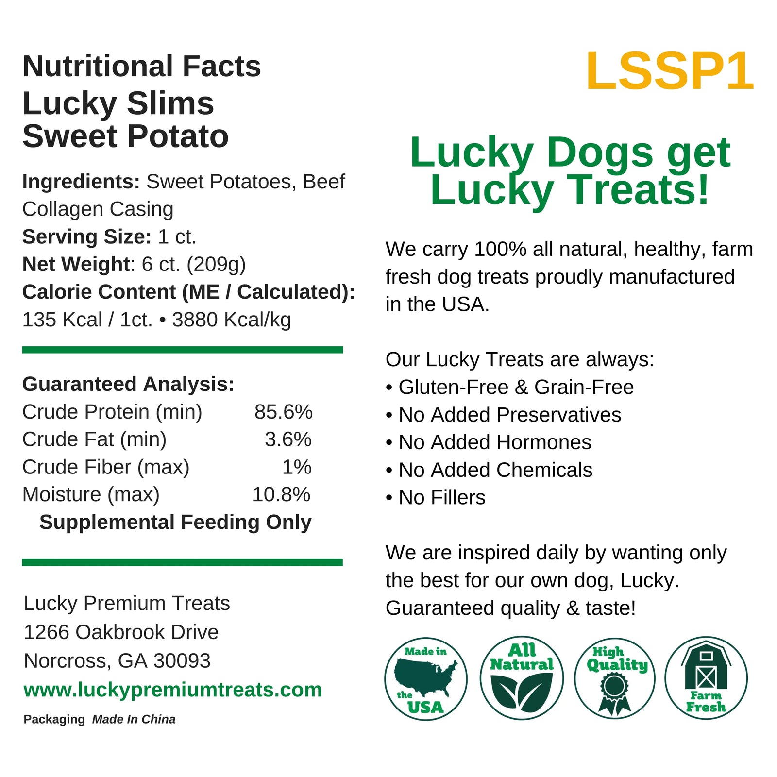 Nutritional label for Lucky Slims Sweet Potato dog treats with branding and product details.
