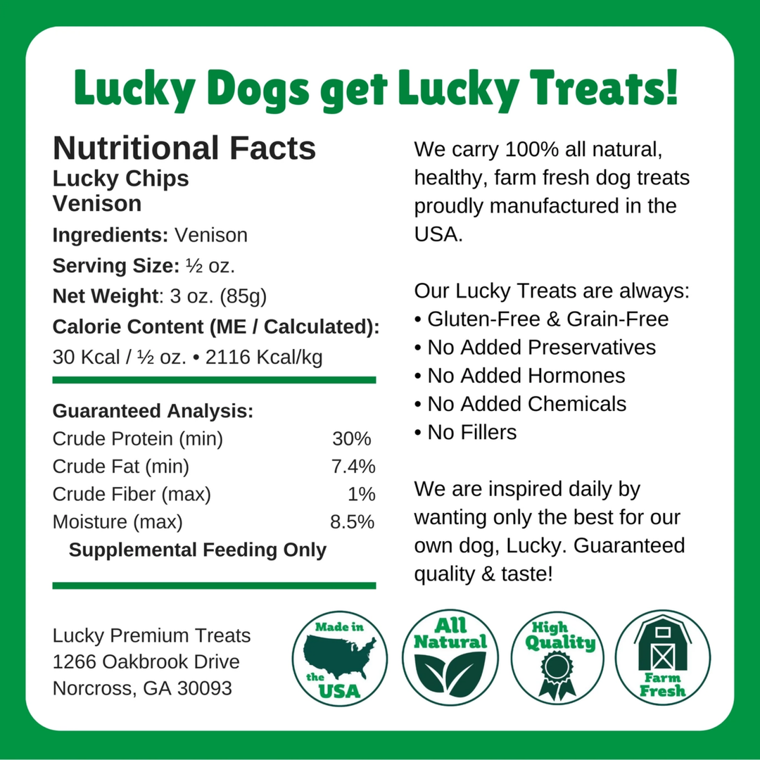 Nutritional facts label for Lucky Dogs venison treats on a green background