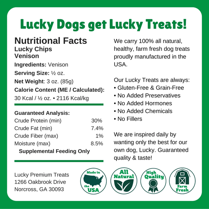 Nutritional facts label for Lucky Dogs venison treats on a green background