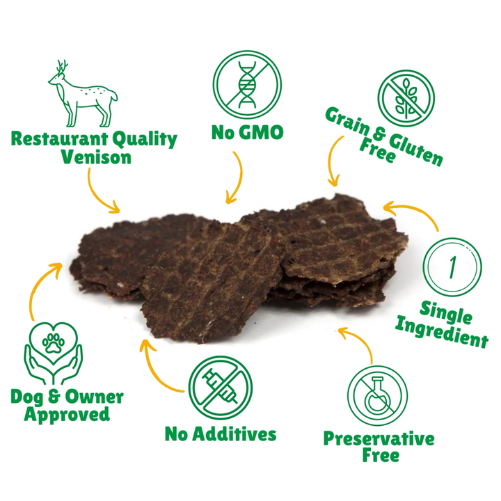 Dog treats with health benefits icons and text on a white background
