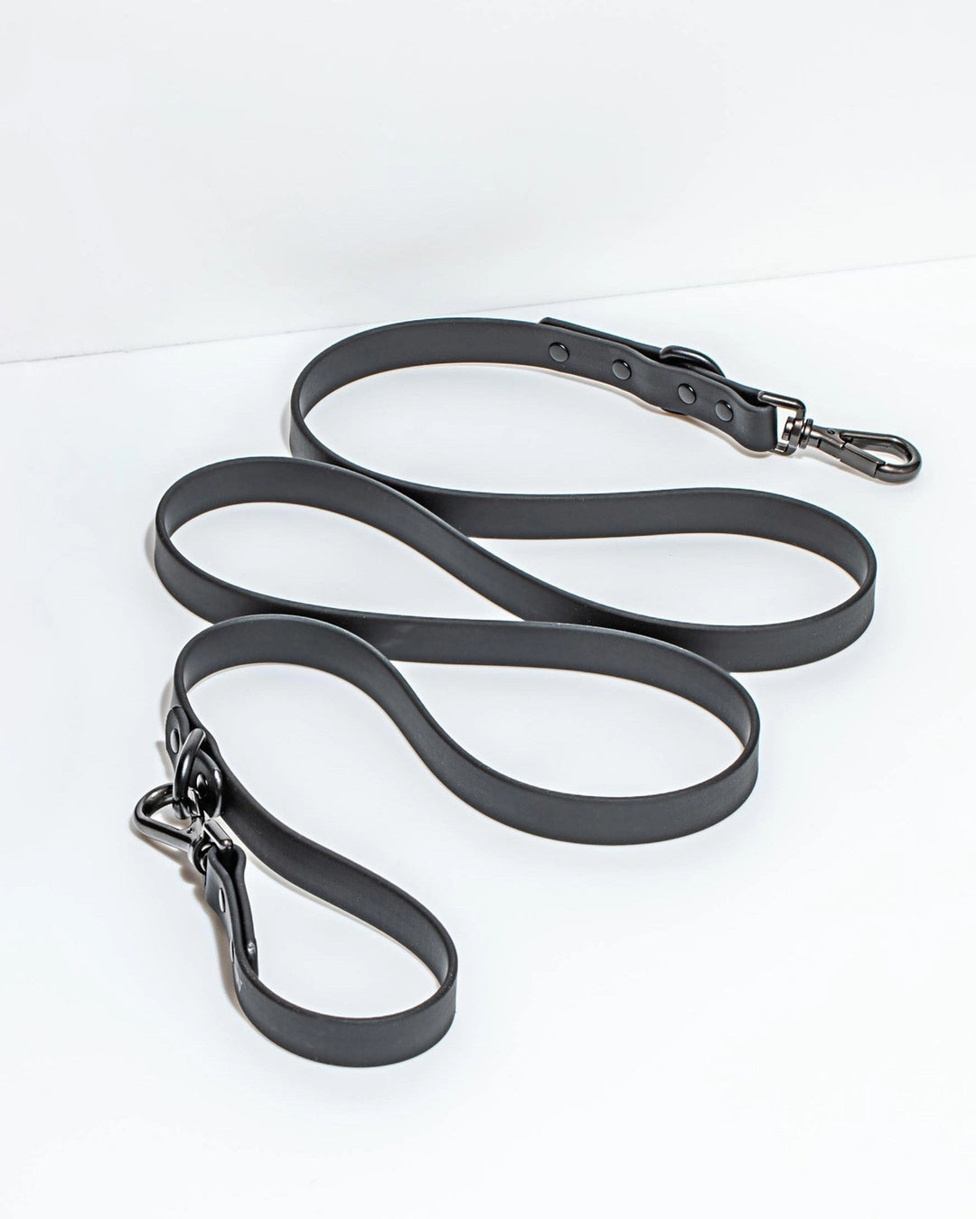 Black leather dog leash with metal clip on a white background